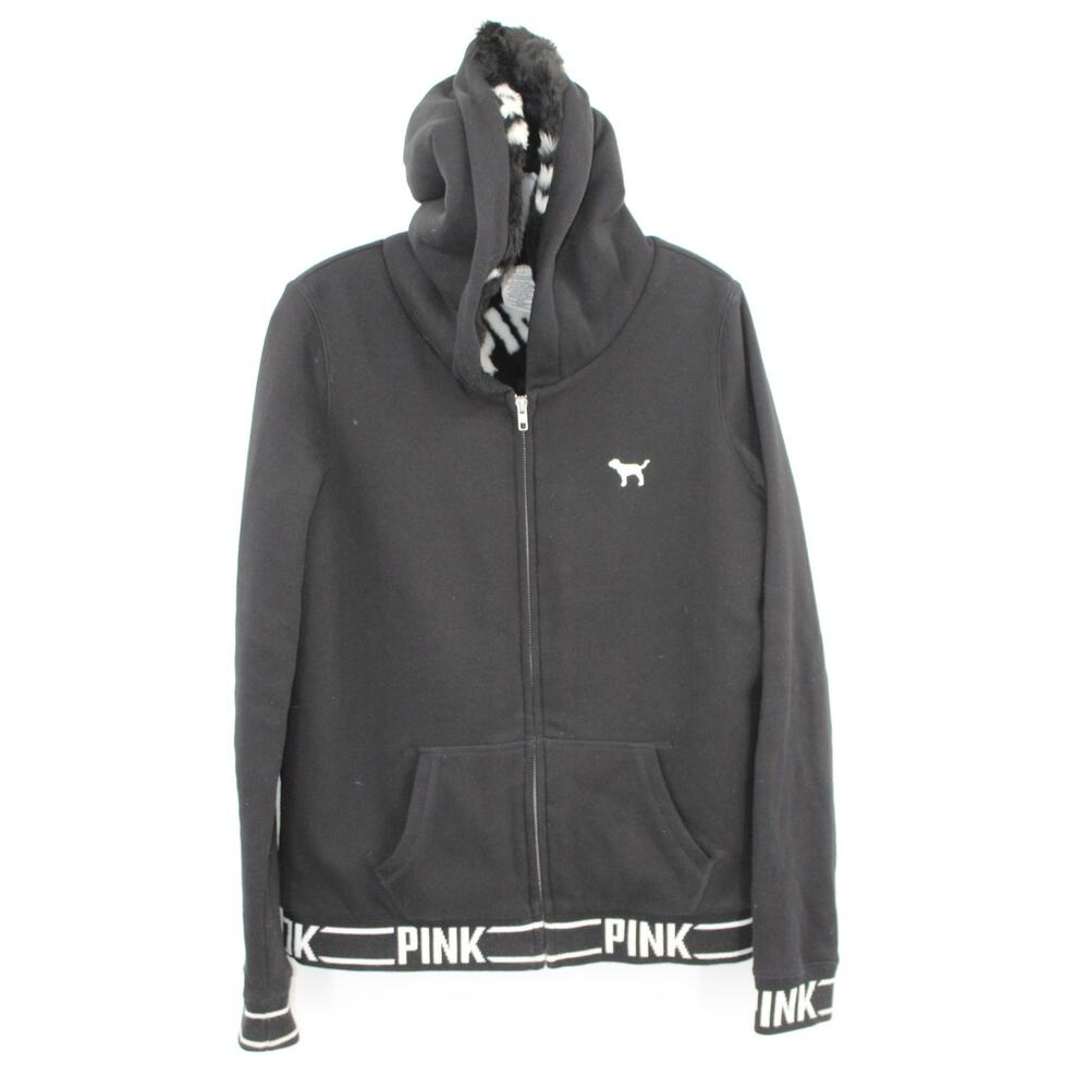 PINK Victoria Secret Hoodie Small Zip Up Fur Black White Sweatshirt Logo Dog Y2K